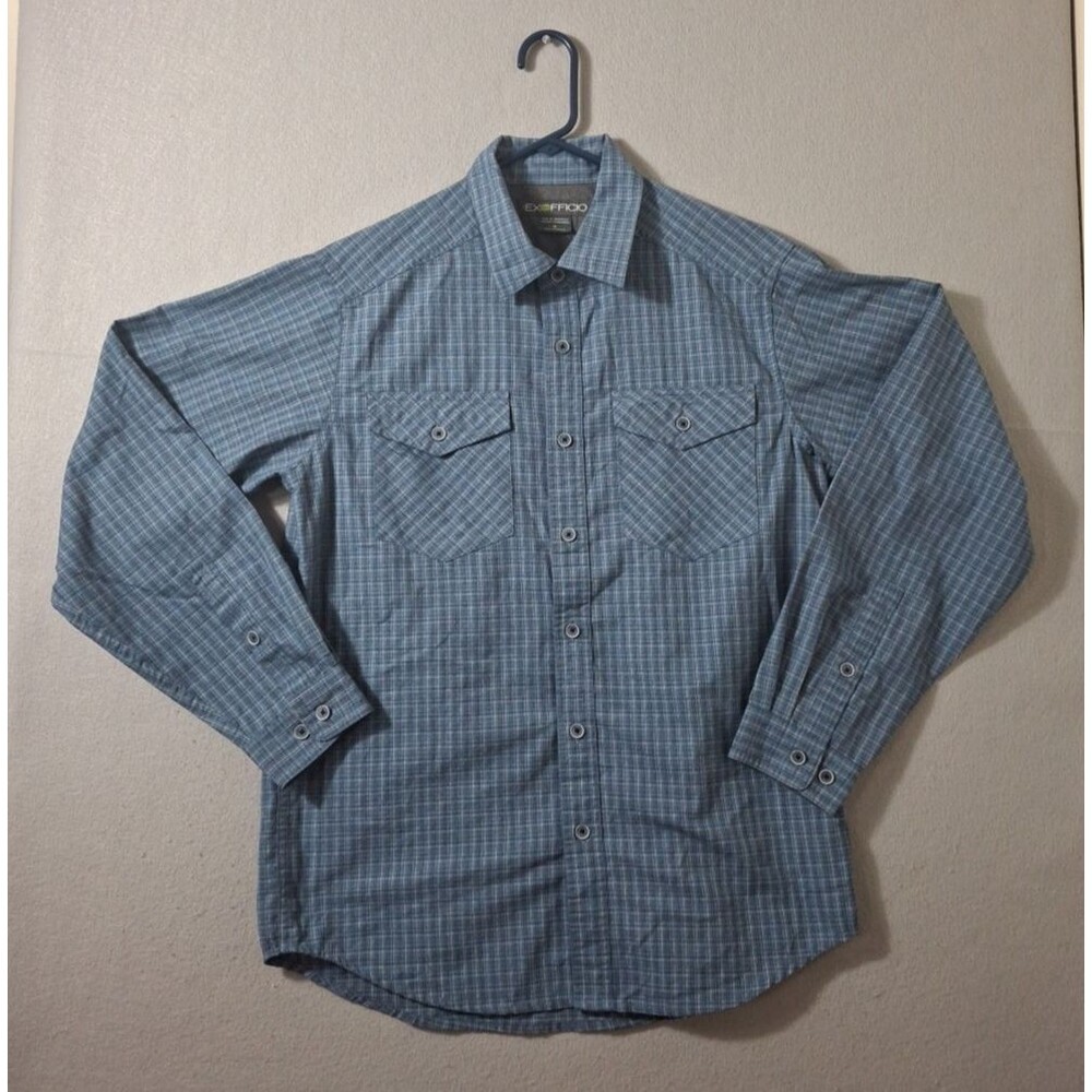 ExOfficio Shirt Mens M Blue Plaid Cotton Stretch Button Up Outdoor Fishing